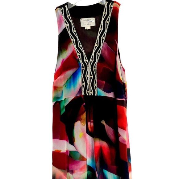 Artelier Nicole Miller Watercolor Print Empire Maxi Dress Sz 4 Deep V-Neck - Picture 2 of 8